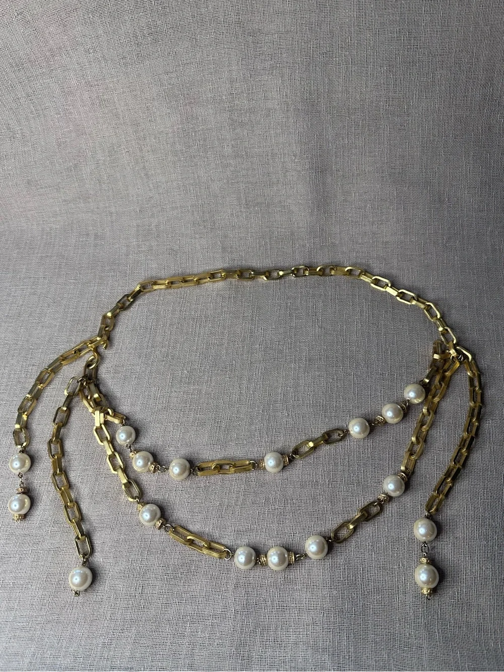 Vintage 80s Gold Chain Belt Faux Pearl Swag Link Boho Adjustable Necklace